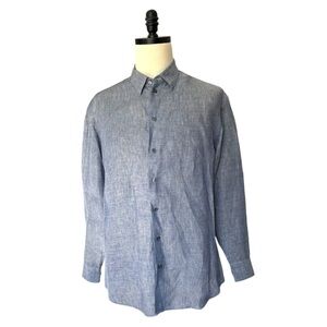 Armani Collezioni blue lightweight 100% linen button up collared shirt | XL